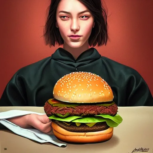 Prompt: portrait of Dr. Kevorkian eating massive hamburgers, extra onions and ketchup, luscious patty with sesame seeds, feminine ethereal, delicate fingers, subsurface scattering skin, handsome, D&D, fantasy, intricate, elegant, highly detailed, digital painting, artstation, concept art, matte, sharp focus, illustration, art by Artgerm and Greg Rutkowski and Alphonse Mucha