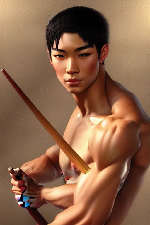 Prompt: young handsome asian male portrait dnd, muscle, painting by gaston bussiere, elena zhurikhina, goro fujita and charlie bowater