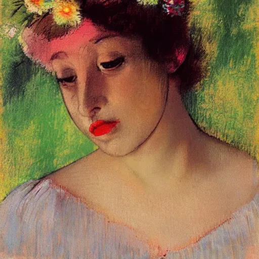 Image similar to girl, in flowers, red lipstick on her face, looks ember heard , Edgar Degas style