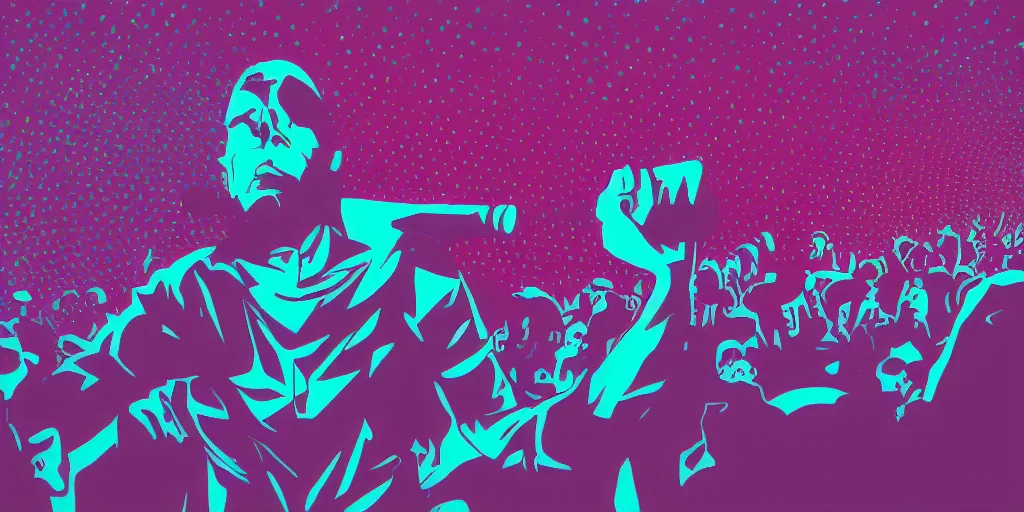 Prompt: arm holding microphone up to mouth, silhouette, huge crowd, outrun, hip hop, simple shapes, psychedelic light show, trending on Artstation, professional artist, detailed, 4k