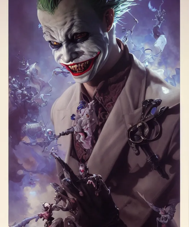 Image similar to beautiful evil fantasy baby joker portrait, ultra realistic, wide angle, intricate details, the fifth element artifacts, highly detailed by peter mohrbacher, hajime sorayama, wayne barlowe, boris vallejo, aaron horkey, gaston bussiere, craig mullins