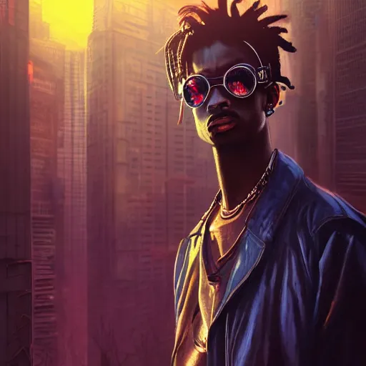 Image similar to cyberpunk, closeup portrait of a playboi carti, dramatic light, city background, sunset, dystopian setting, high contrast, sharp, neuromancer, henry dorsett case, painted by stanley lau, painted by greg rutkowski, painted by stanley artgerm, digital art, trending on artstation