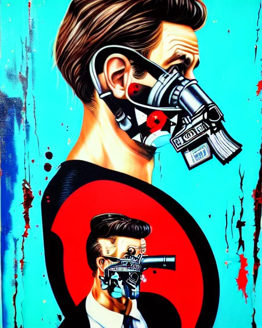 Image similar to portrait of a man wearing oxygen mask, has a gun, blood, a pistol with sea background intricate details with horror side profile by Sandra Chevrier