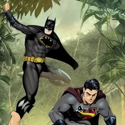 Image similar to batman and superman are playing volleyball in a jungle, in the style of greg rutkowski and artgerm, high detail