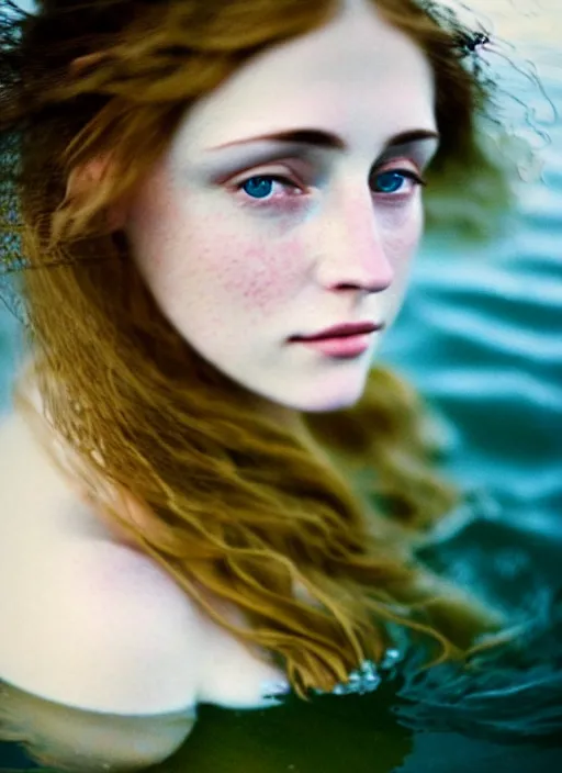 Image similar to Kodak Portra 400, 8K, soft light, volumetric lighting, highly detailed, britt marling style 3/4, extreme Close-up portrait photography of a beautiful woman how pre-Raphaelites with half face in the water, the hair floats on the water, a beautiful lace dress and hair are intricate with highly detailed realistic beautiful flowers , Realistic, Refined, Highly Detailed, natural outdoor soft pastel lighting colors scheme, outdoor fine art photography, Hyper realistic, photo realistic