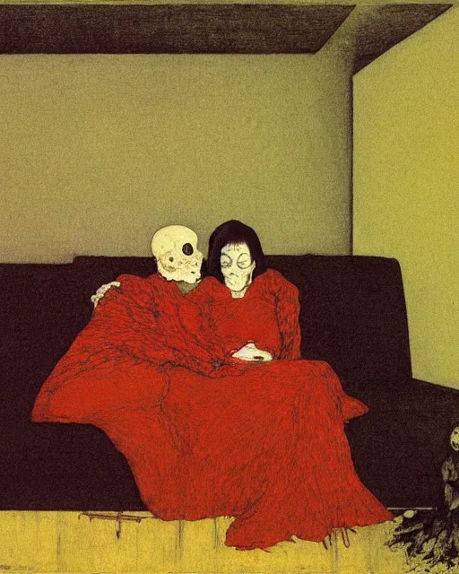 Image similar to an old dead couple sitting on an old couch in an old apartment watching a dog engulfed in flames,  Francisco Goya painting, part by Beksiński and EdvardMunch. art by Takato Yamamoto, Francis Bacon masterpiece