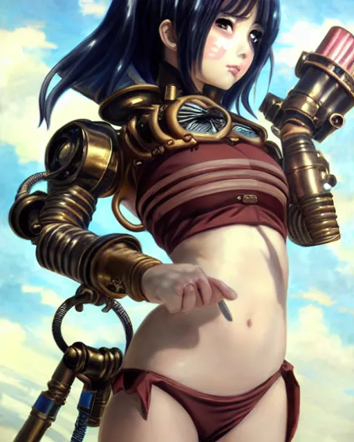 Image similar to portrait Anime Girl in bikini armor steampunk cute-fine-face, pretty face, realistic shaded Perfect face, fine details. Anime. Bioshock steampunk realistic shaded lighting by katsuhiro otomo ghost-in-the-shell, magali villeneuve, artgerm, rutkowski Jeremy Lipkin and Giuseppe Dangelico Pino and Michael Garmash and Rob Rey