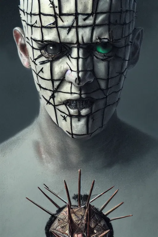 Image similar to realistic portrait beautiful detailed matte painting of cinematic movie scene hellraiser pinhead horror, created by gustave dore and greg rutkowski, high detailed, smooth draw, synthwave neon retro, intricate, realistic proportions, dramatic lighting, trending on artstation.