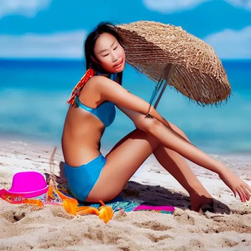 Image similar to a portrait of a young asiatic lady on a beach chair , perfect face, hot summertime hippie, sparky swimsuit , calm sea and beach background , sunny day, perfecly detailed, realistic portrait, perfect design, natural light