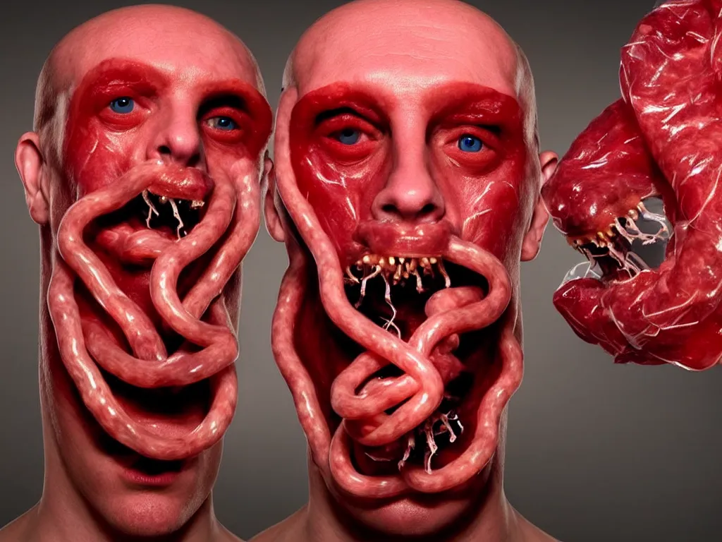 Image similar to a perfect colour horrifying portrait photograph of a man with 7 3 eyes. tubes emerging from his nostrils and mouth. head expanded to a perfect cube, covered in translucent beef. perfect focus, studio lighting, gallery setting. inspired by chinese nuclear weapon launching