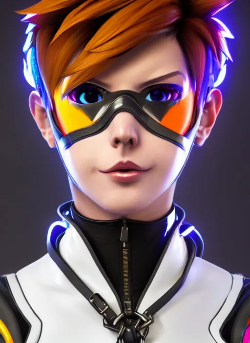 Image similar to portrait bust digital artwork of tracer overwatch, wearing white iridescent rainbow latex and leather straps catsuit outfit, 4 k, expressive happy smug expression, makeup, in style of mark arian, angel wings, wearing detailed black leather collar, chains, black leather harness, detailed face and eyes,