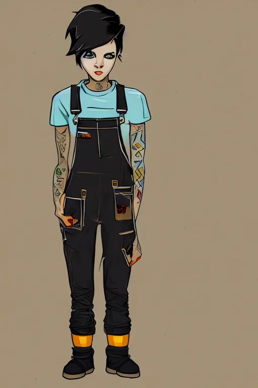 Image similar to an androgynous punk girl with short hair who is a mechanic wearing overalls, digital illustration, digital concept art, digital painting, decorative background, trending on artstation