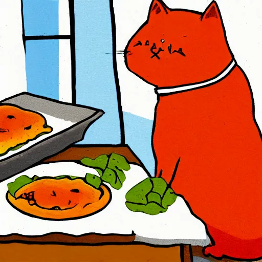 Prompt: fat orange cat on a table with lasagna new yorker cartoon