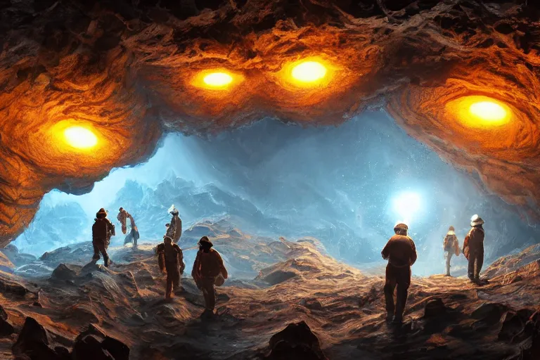 Image similar to a group of miners discover a glowing alien egg with intricate markings inside a deep diamond cave, concept art, digital painting, trending on artstation, deviantart, highly detailed, perfect composition, dramatic lighting, sharp focus, 8 k uhd