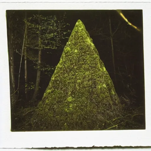 Image similar to a mossy rock pyramid in the middle of a forest clearing, at night, dark, foggy, eerie, creepy, unsettling, lost footage, old polaroid, expired film,