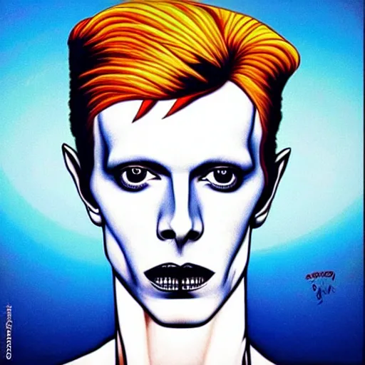 Prompt: the thin white duke holding a Bowie knife james jean masterpiece