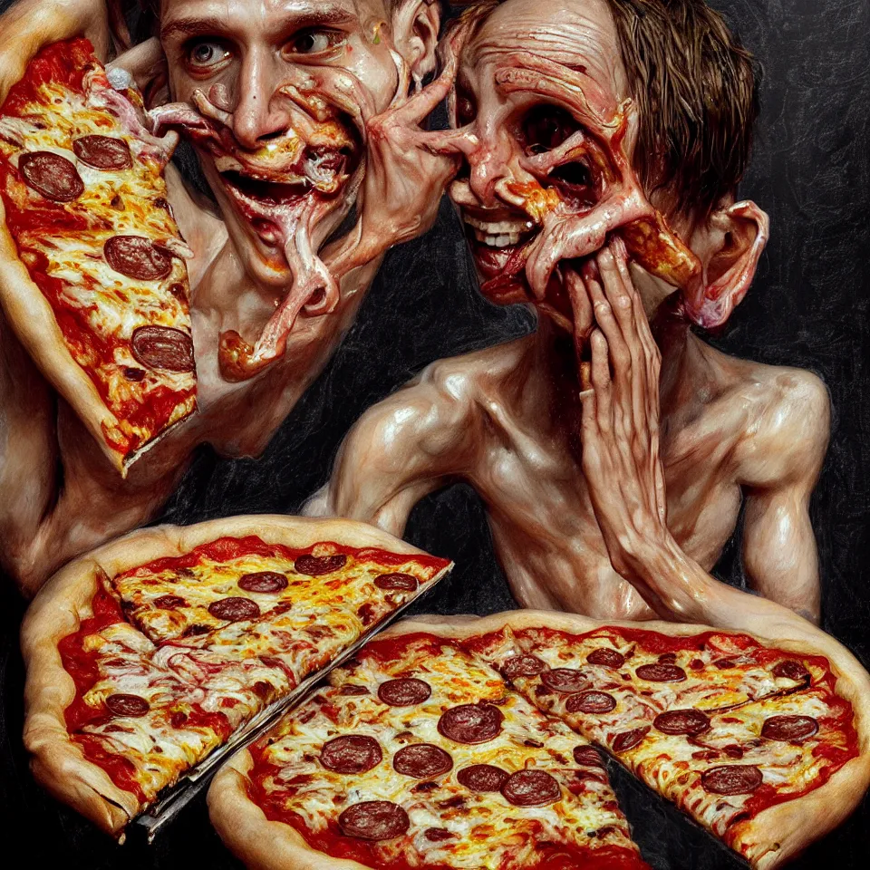 Image similar to bright realistic anorexic man puking pizza and smiling franticly, apartment, rotten flesh, diffuse lighting, fantasy, intricate, elegant, highly detailed, lifelike, photorealistic, digital painting, artstation, illustration, concept art, smooth, sharp focus, art by francis bacon and jenny saville