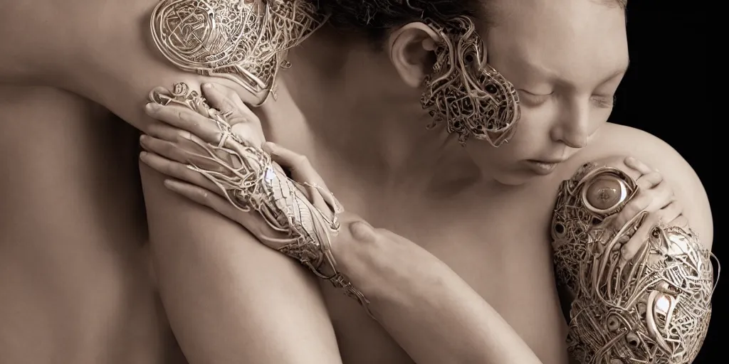 Image similar to hyperrealistic photography of a highly intricate, stunning cyborg female, elbow, armpit, knee, intimate, hands holding in the style of beth cavener, jin kagetsu, chuck close, and wlop, highly detailed, face, eyes closed, symmetry, masterpiece, award - winning, sharp focus, concept art, ambient lighting, 8 k, artstation