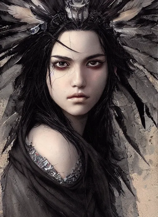 Image similar to a teenage girl with very short black hair and a huge cloak made of black raven feathers. beautiful highly detailed face. beautiful painting by artgerm and greg rutkowski and raymond swanland