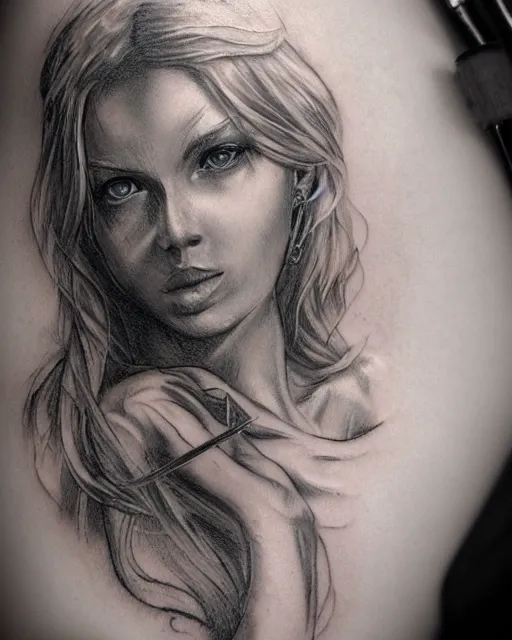 Image similar to tattoo sketch of beautiful greek goddess aphrodite, bow and arrow, beautiful piercing eyes, flowing blonde hair, realistic face, hyper realistic, in the style of greg rutkowski, fantasy, amazing detail, epic, intricate, elegant, smooth, sharp focus