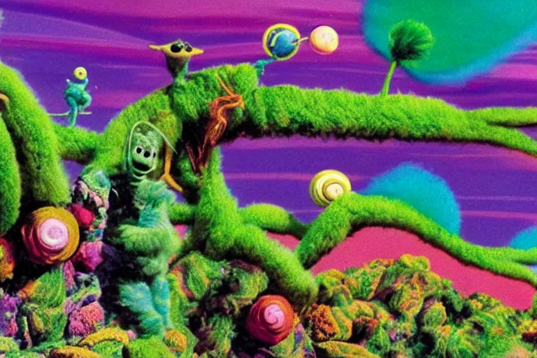 Prompt: vhs footage of a colorful alien world, with absurd looking mountains and terrain, green grass, and colorful fuzzy creatures roaming and flying in it, and lots of weird alien plants, dr seuss inspired