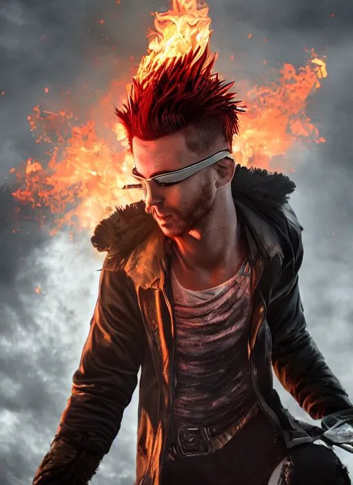 Image similar to An epic fantasy comic book style portrait painting of young man with red spiked long hair, using googles. Wearing a black waistcoat, white shirt. Fire on his hands. Unreal 5, DAZ, hyperrealistic, octane render, cosplay, RPG portrait, dynamic lighting