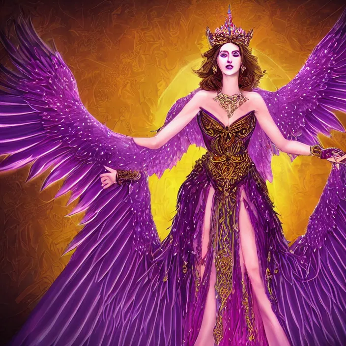 Image similar to Princess sorceress with red flaming bird wings on her back and sitting on an ornate throne dressed in a fancy long purple dress, beautiful realistic symmetrical defined face, Slight smile and open eyes, anatomically correct, Fantasy, Full Body Portrait, High detail, hyper realistic