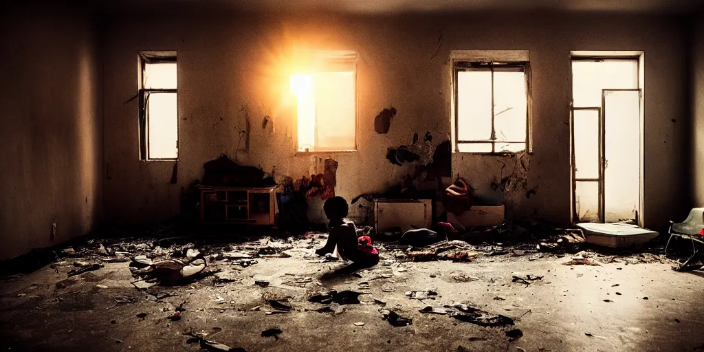 Image similar to interior. home. ( family of 5 ) staying in ( rundown infested apartment ) in ghetto projects with ( black woman and her 4 kids ). cold light, cinematic colors, high detail