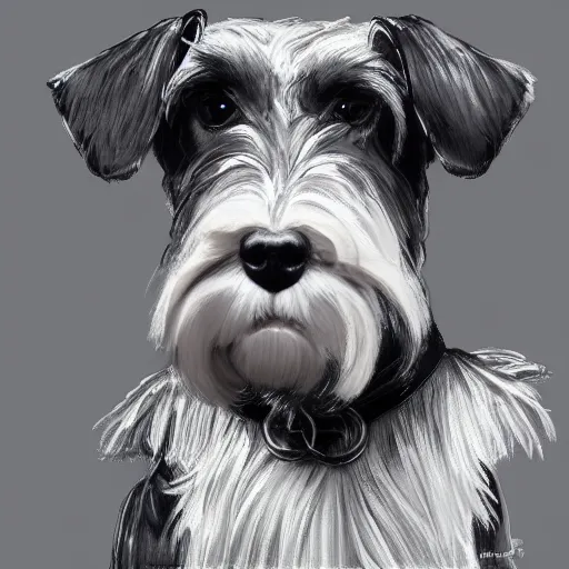 Prompt: portrait of stoic looking miniature schnauzer, military uniform, black fir, white eyebrows, fantasy, intricate, elegant, highly detailed, centered, dark, smokey, charcoal painting, digital painting, artstation, concept art, smooth, sharp focus, illustration, art by artgerm and greg rutkowski and alphonse mucha