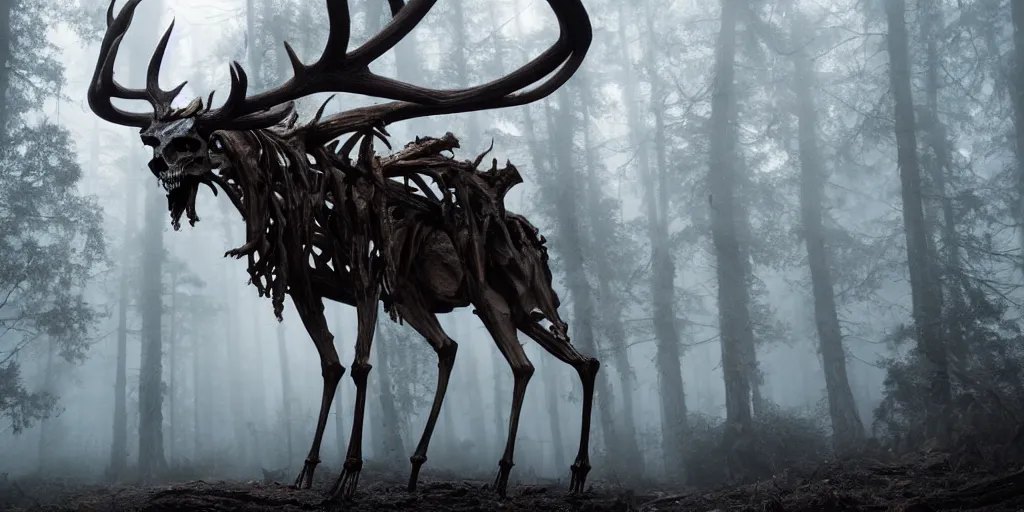 Prompt: leshen with deer skeleton skull and horns, ram skulls, grand imposing powerful sculpture. swirls of mist. occult photorealism, uhd, amazing depth, volumetric lighting, cinematic lighting. epic landscape.