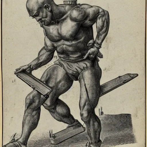 Image similar to a muscular bald man carrying engines on his back, technical diagram