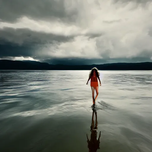 Image similar to girl walking on water, lightning, walking on water, scenic, dark cloudy background, lightning strikes, lightning bolts, shocking, 8k, artstation