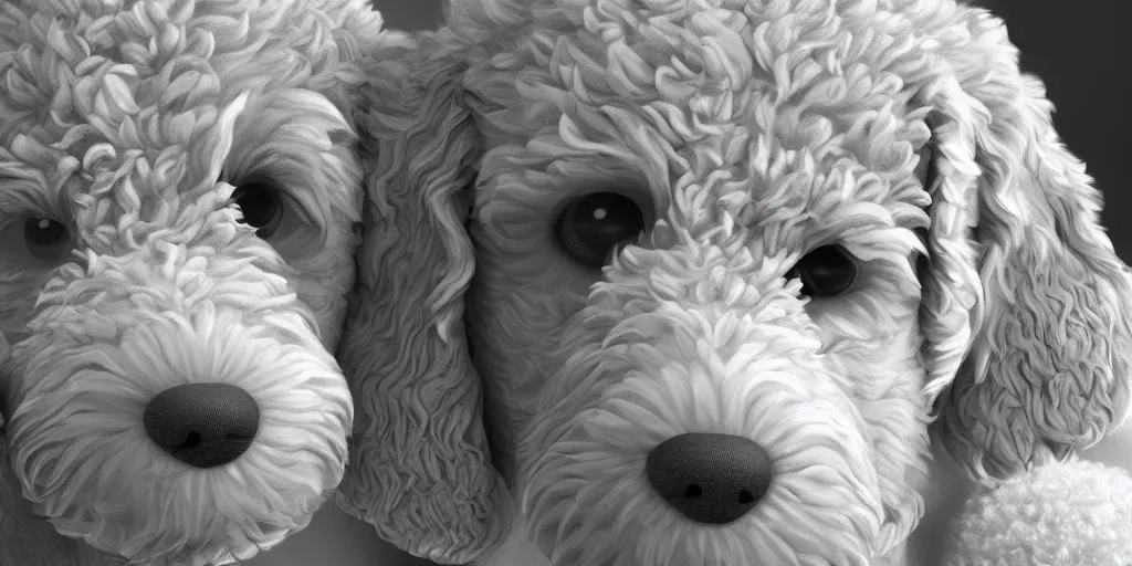 Prompt: adorable goldendoodle puppies and dogs, pixar render, brilliant style by Artstation, Artstation Trending, cgsociety, high quality, very coherent, ultra realism, high definition, post processing, unreal engine, 8k, high resolution, octane render, high contrast, 4k UHD, photographic, digital art, artstation,