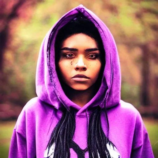 Image similar to “Sci fi, A female, full body, black hair with purple streaks, black hoodie with tech on it”