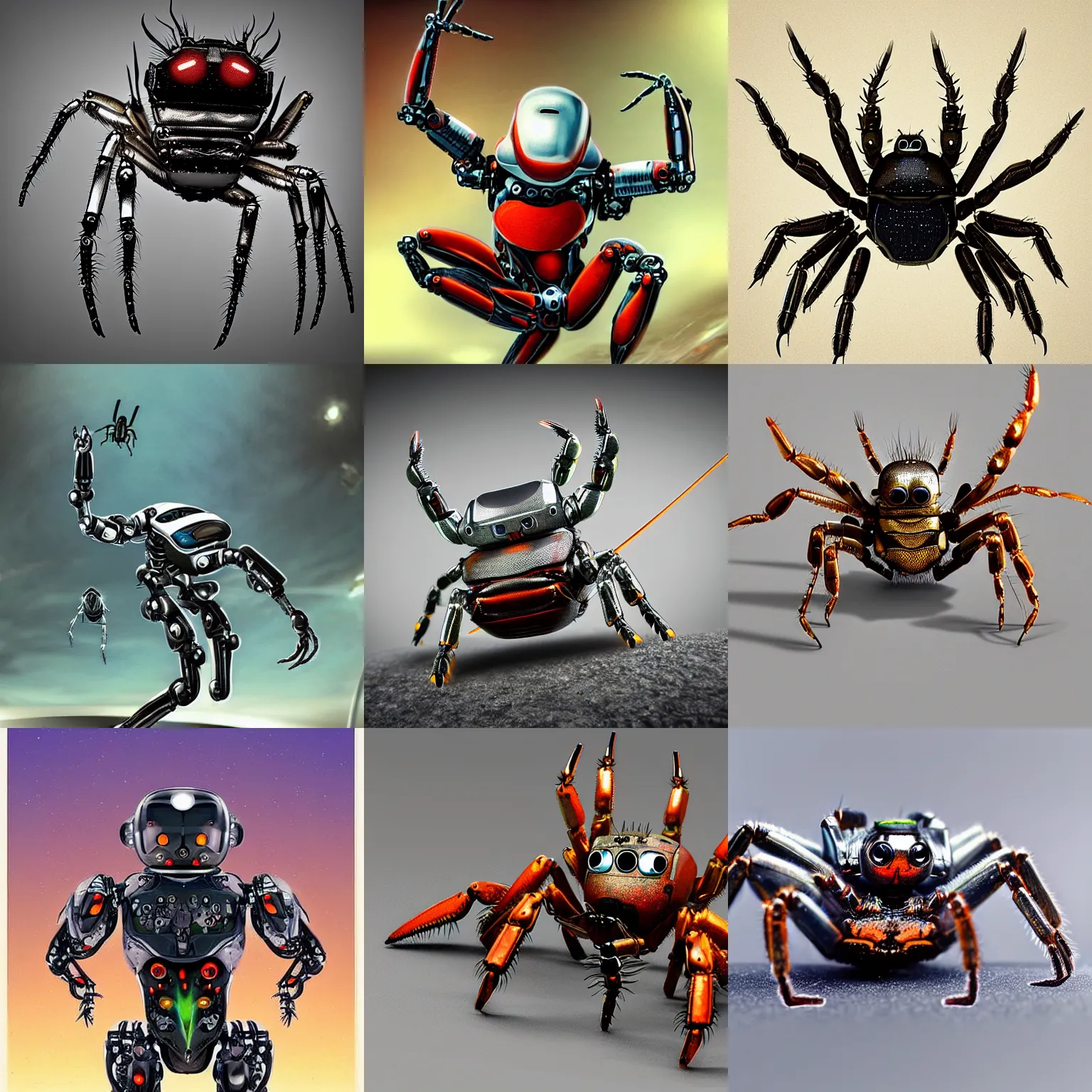 Prompt: cyborg robot, crab, jumping spider, realistic, futuristic