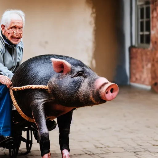 Prompt: portrait of an elderly man riding a pig, canon eos r 3, f / 1. 4, iso 2 0 0, 1 / 1 6 0 s, 8 k, raw, unedited, symmetrical balance, wide angle