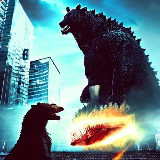 Image similar to a giant angry bear fighting with giant godzilla in the city, photomanipulation, photoshop, digital art