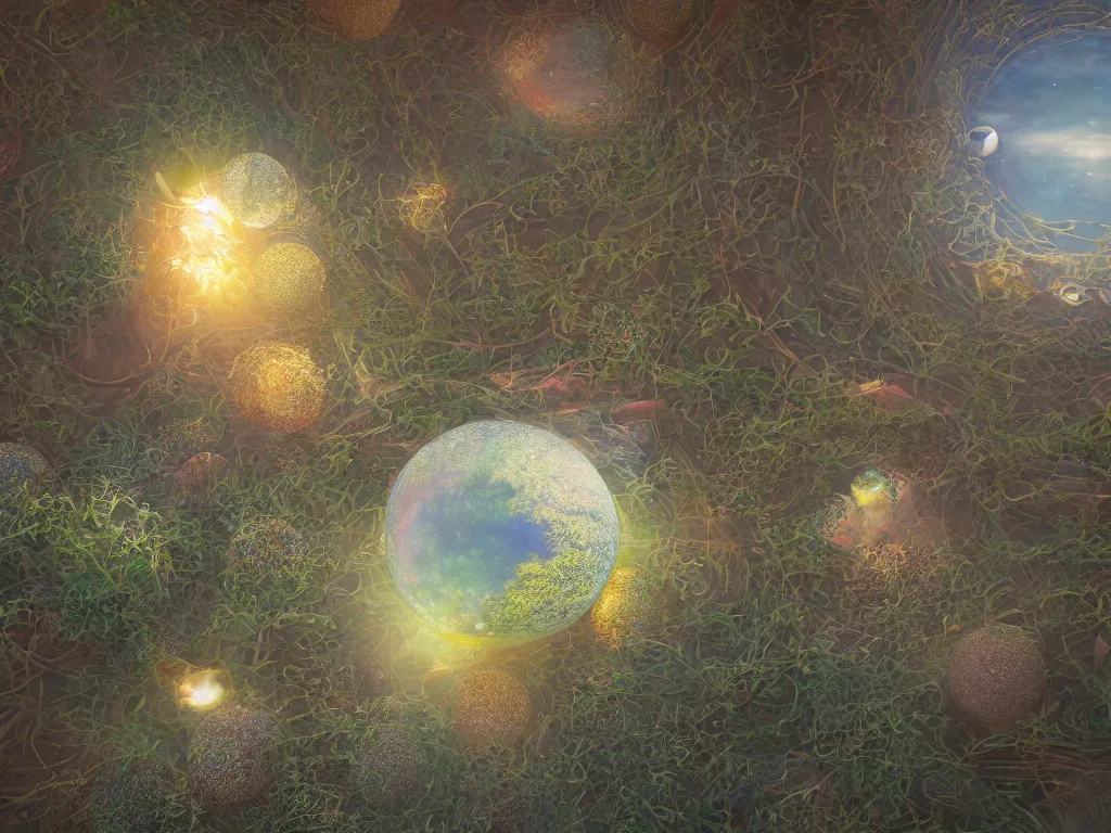 Image similar to 3 d render, sunlight study, the universe is a spheroid region 7 0 5 meters in diameter, art nouveau, by rachel ruysch and ( ( ( ( ( lisa frank ) ) ) ) ), 8 k, sharp focus, octane render