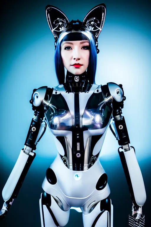 Image similar to cybernetic ultra high tech female robot with cat ears, neo - rococo, sci - fi, cyberpunk, high tech, futurism, exoskeleton, symmetry, cinematic, elegant, luxury, perfect light, perfect composition, dlsr photography, sharp focus, 8 k, ultra hd, sense of awe, highly detailed, realistic, intricate, science journal cover