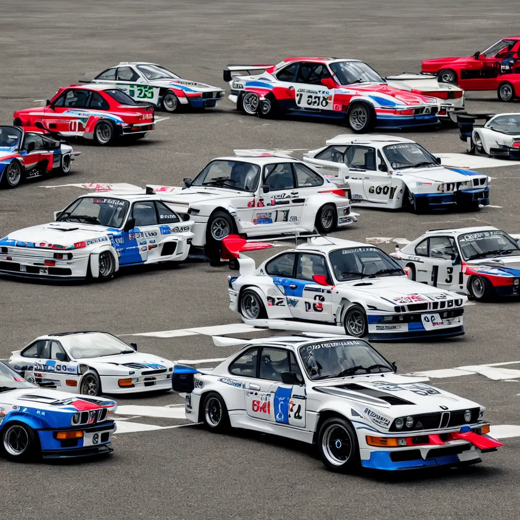 Prompt: bmw e30, porsche 935, showroom