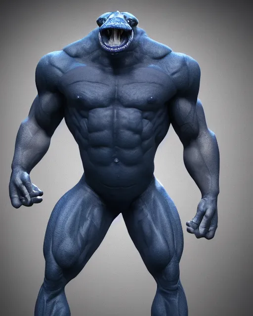 Image similar to navy blue color lizard man, muscle and bara, wearing fitness sporty tanktop, fantasy character design, octane render, 8 k