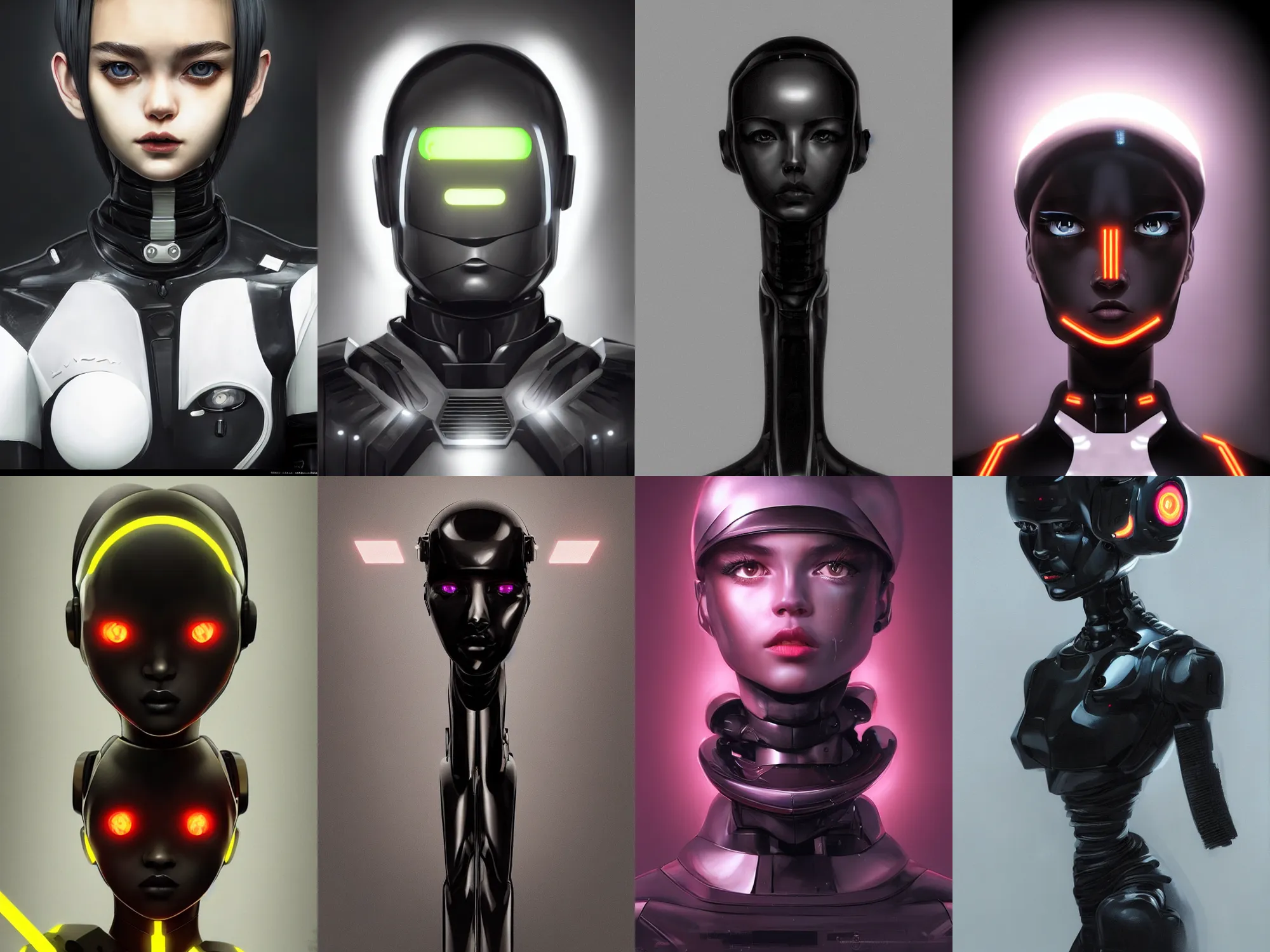 Prompt: A hyperrealistic robot, in black uniform, neon head, very detailed stunning deep eyes. By ilya kuvshinov, krenz cushart, Greg Rutkowski, trending on artstation. Realistic materials, large highlights, amazing textured brush strokes, accurate shape, clear curvy details, cinematic soft volumetric studio lighting, with backlight, VFX, HDR