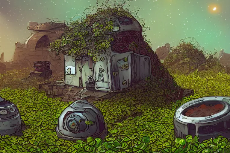 Prompt: computer game concept art of a small planet in the future, a Tinker's shack on a barren planet, wild berry vines, a berry farm, space junk, volcanoes