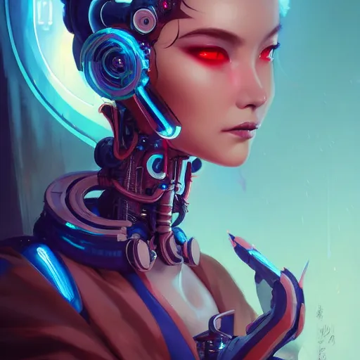 Image similar to a portrait of a beautiful cybernetic geisha, cyberpunk concept art by pete mohrbacher and wlop and artgerm and josan gonzales, digital art, highly detailed, intricate, sci-fi, sharp focus, Trending on Artstation HQ, deviantart, unreal engine 5, 4K UHD image