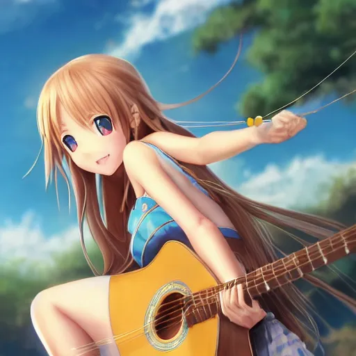 Image similar to a very beautiful little yuuki asuna playing guitar, full body, long wavy blond hair, sky blue eyes, full round face,, bikini, miniskirt, front view, mid - shot, highly detailed, cinematic wallpaper by stanley artgerm lau