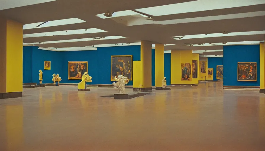 Prompt: 60s movie still of a sovietic stalinist style empty art museum with a soviet congress with yellow wall, cinestill 800t 50mm eastmancolor, liminal Space style, heavy grain