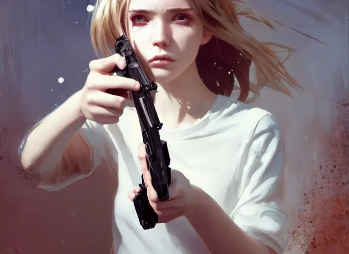 Image similar to white dress girl chasing from crazy grim reaper, holding a gun, messy hair, messy lines, scared face, beautiful and aesthetic and attractive and detailed face, dramatic situation, specular reflection, occlusion shadow, intricate, bokeh, box offic hit, masterpiece, by ilya kuvshinov and jeremy lipking and quentin mabille