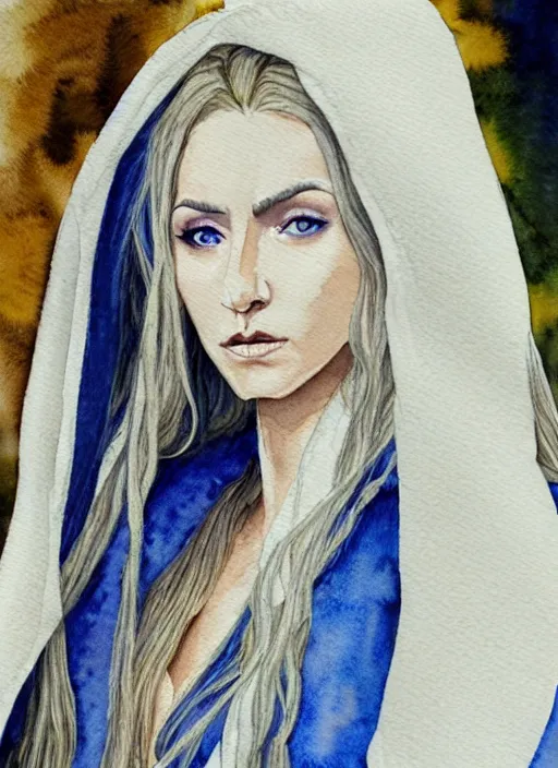 Image similar to watercolour of a female elven wizard with long wavy blond hair in a cloak, fantasy, hyperrealism