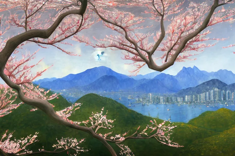 Image similar to an ultradetailed landscape painting of a panorama view of westlake, osmanthus blossoms nearby, fine wind, highly detailed, artstation, concept art, smooth, sharp focus, illustration, by hilma af klint, 8 k
