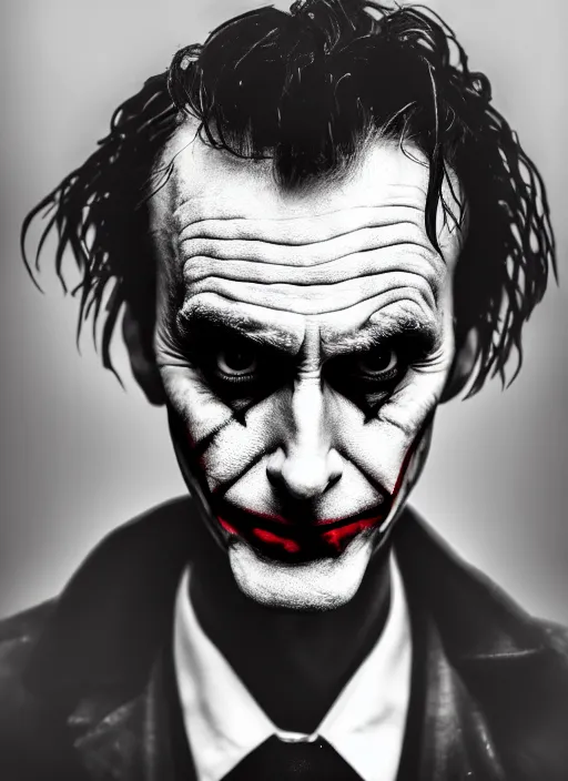 Image similar to photo of David Tennant as the Joker by Lee Jeffries and Eolo Perfido, head shot, detailed, award winning, Sony a7R, trending on artstation